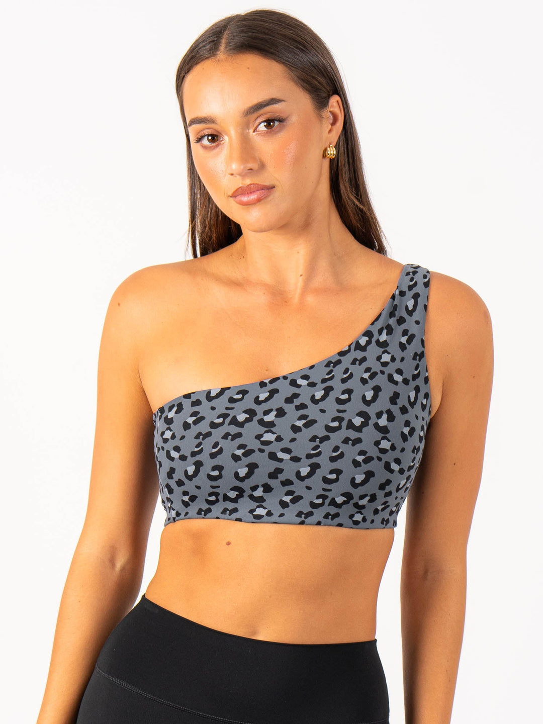 Adapt One Shoulder Sports Bra - Steel Blue Leopard Clothing Ryderwear