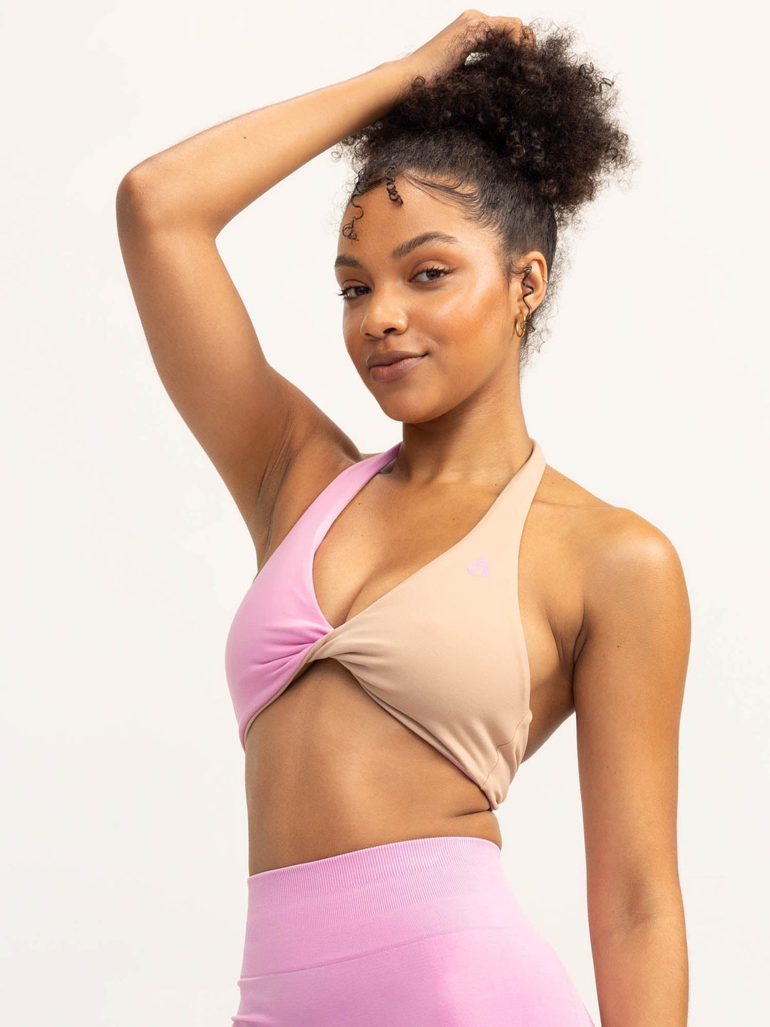 Duo Halter Twist Sports Bra - Musk Pink/Tan Clothing Ryderwear