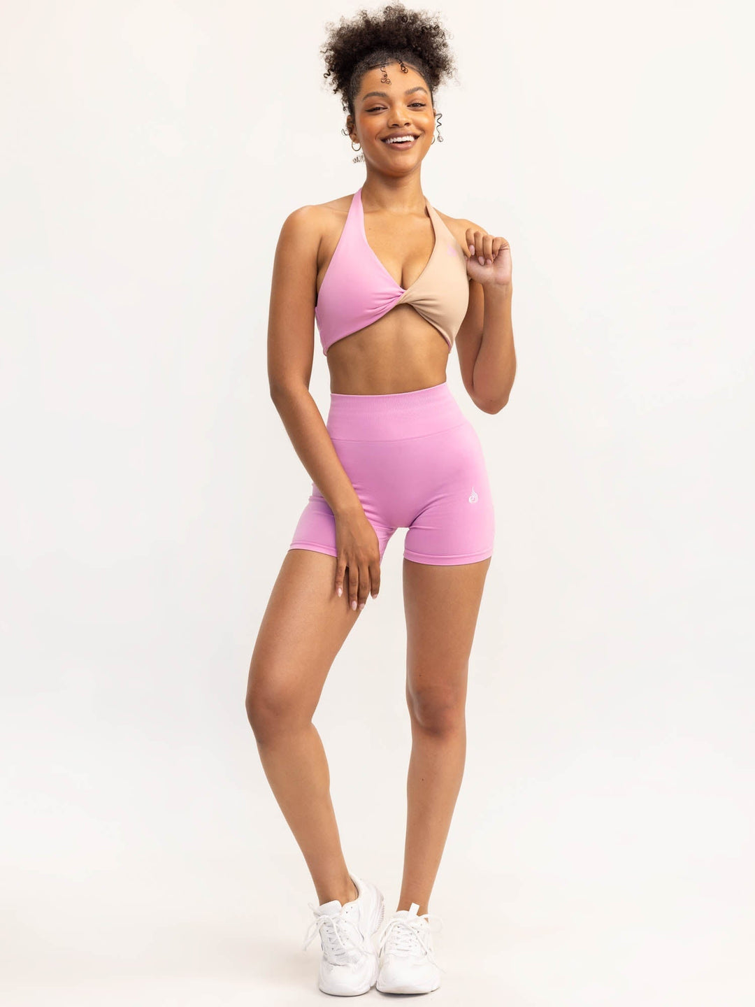 Duo Halter Twist Sports Bra - Musk Pink/Tan Clothing Ryderwear