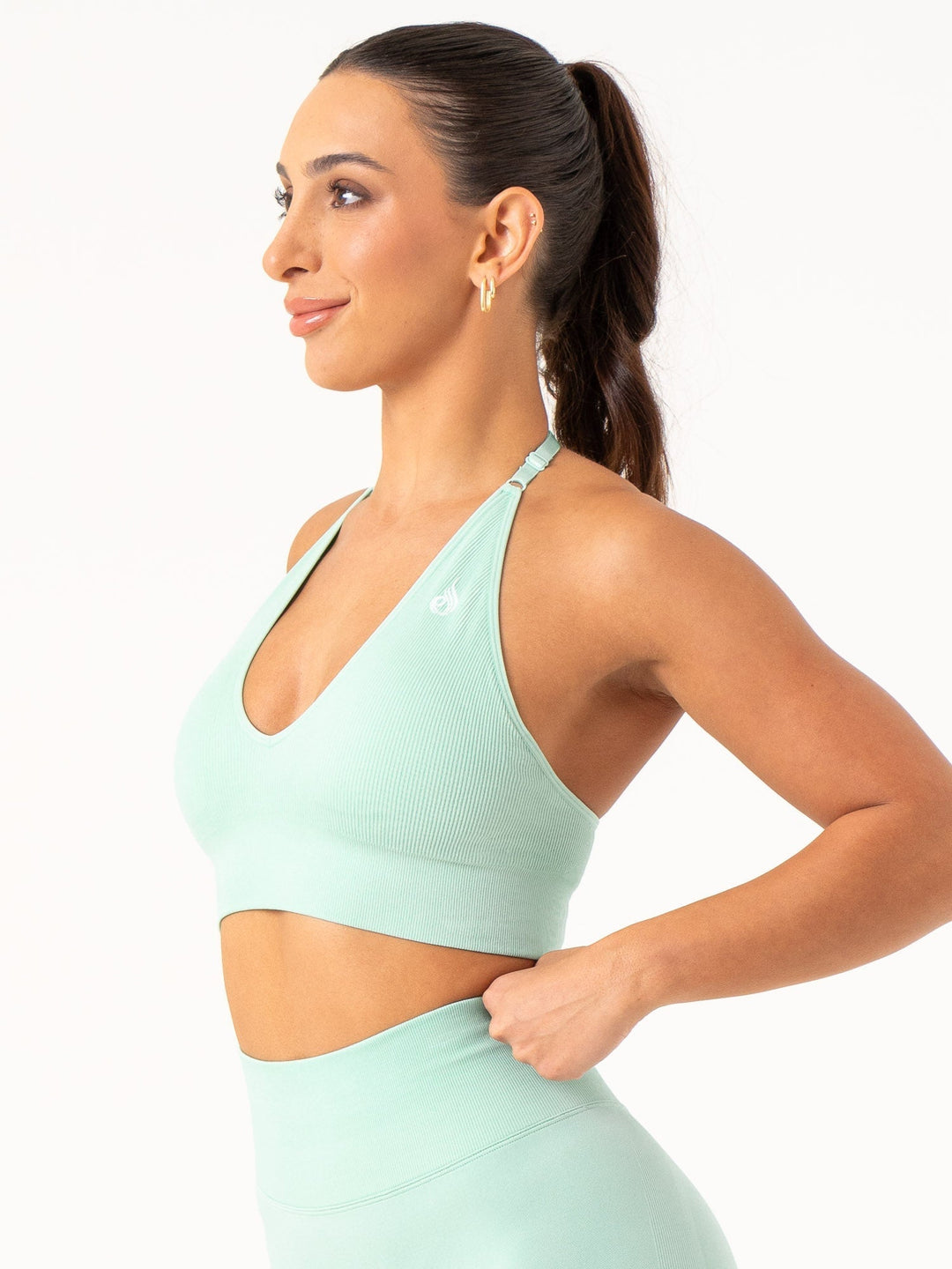 Lift Rib Seamless Halter Sports Bra - Aqua Clothing Ryderwear