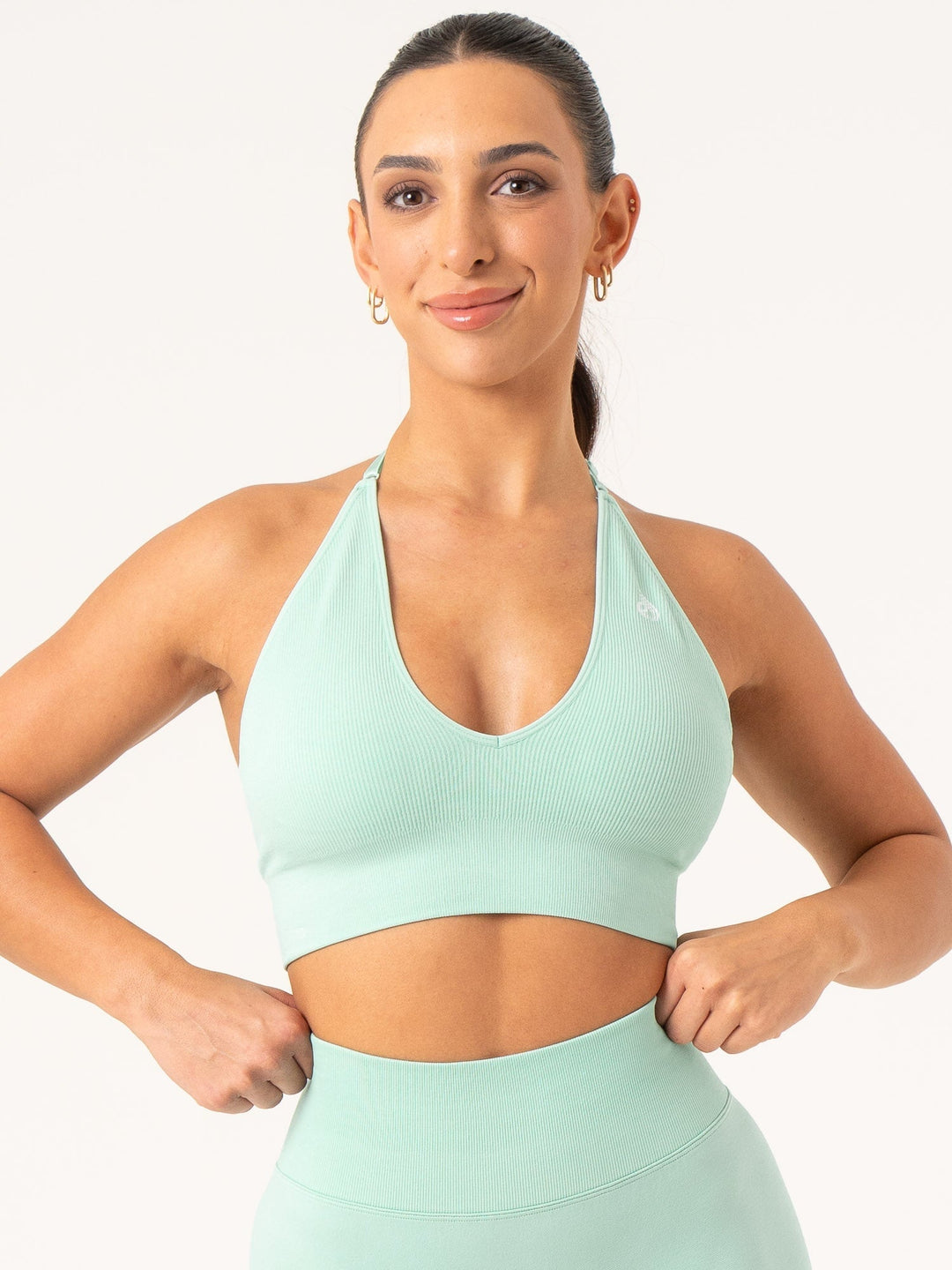 Lift Rib Seamless Halter Sports Bra - Aqua Clothing Ryderwear