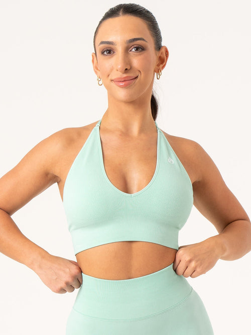 Lift Rib Seamless Halter Sports Bra Aqua