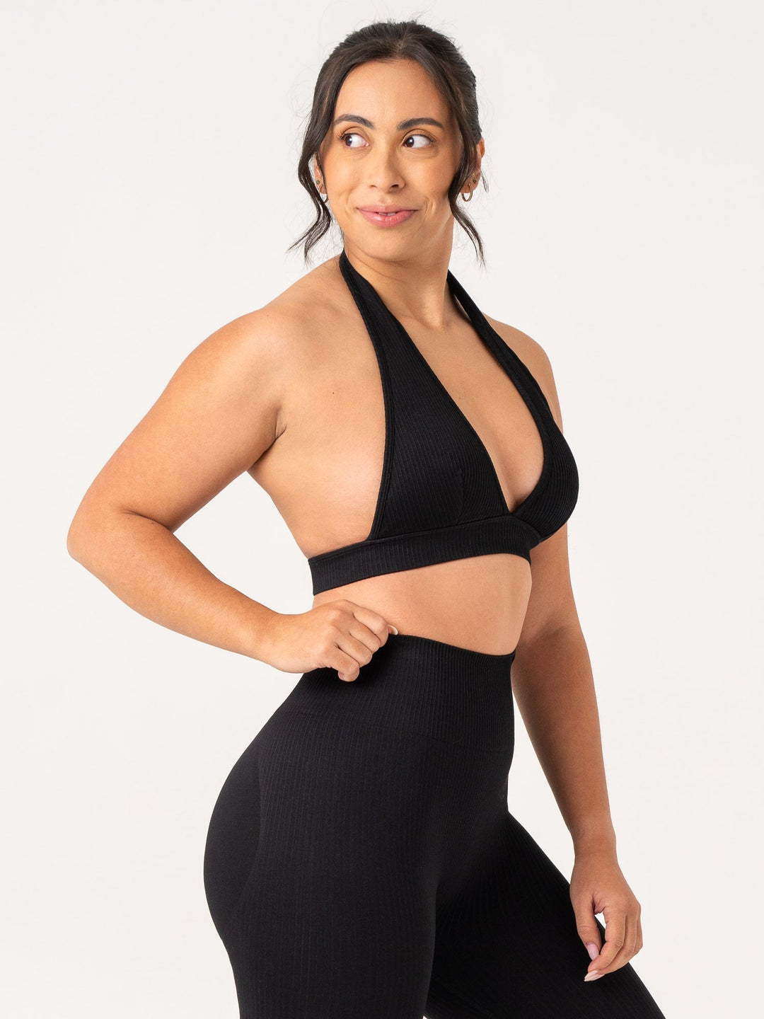 Rib Seamless Halter Sports Bra - Black Clothing Ryderwear
