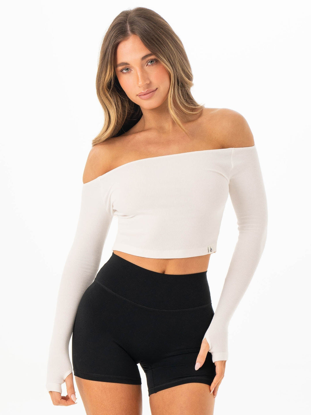 Ribbed Off Shoulder Long Sleeve Top - Off White Clothing Ryderwear