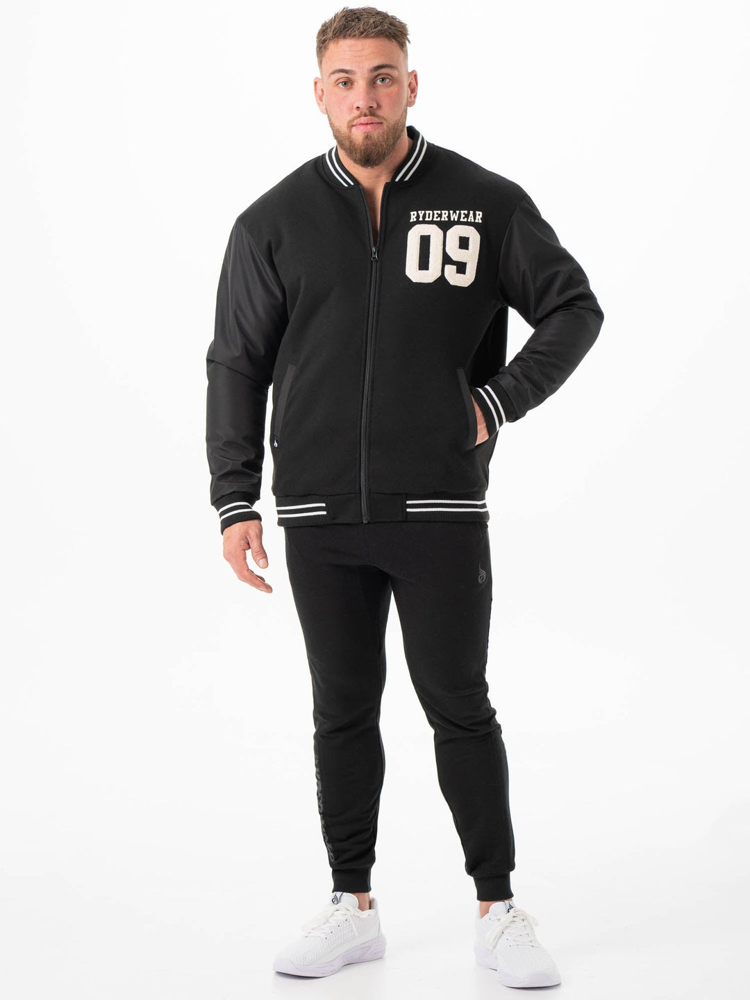 Varsity Bomber Jacket - Black/Black Clothing Ryderwear