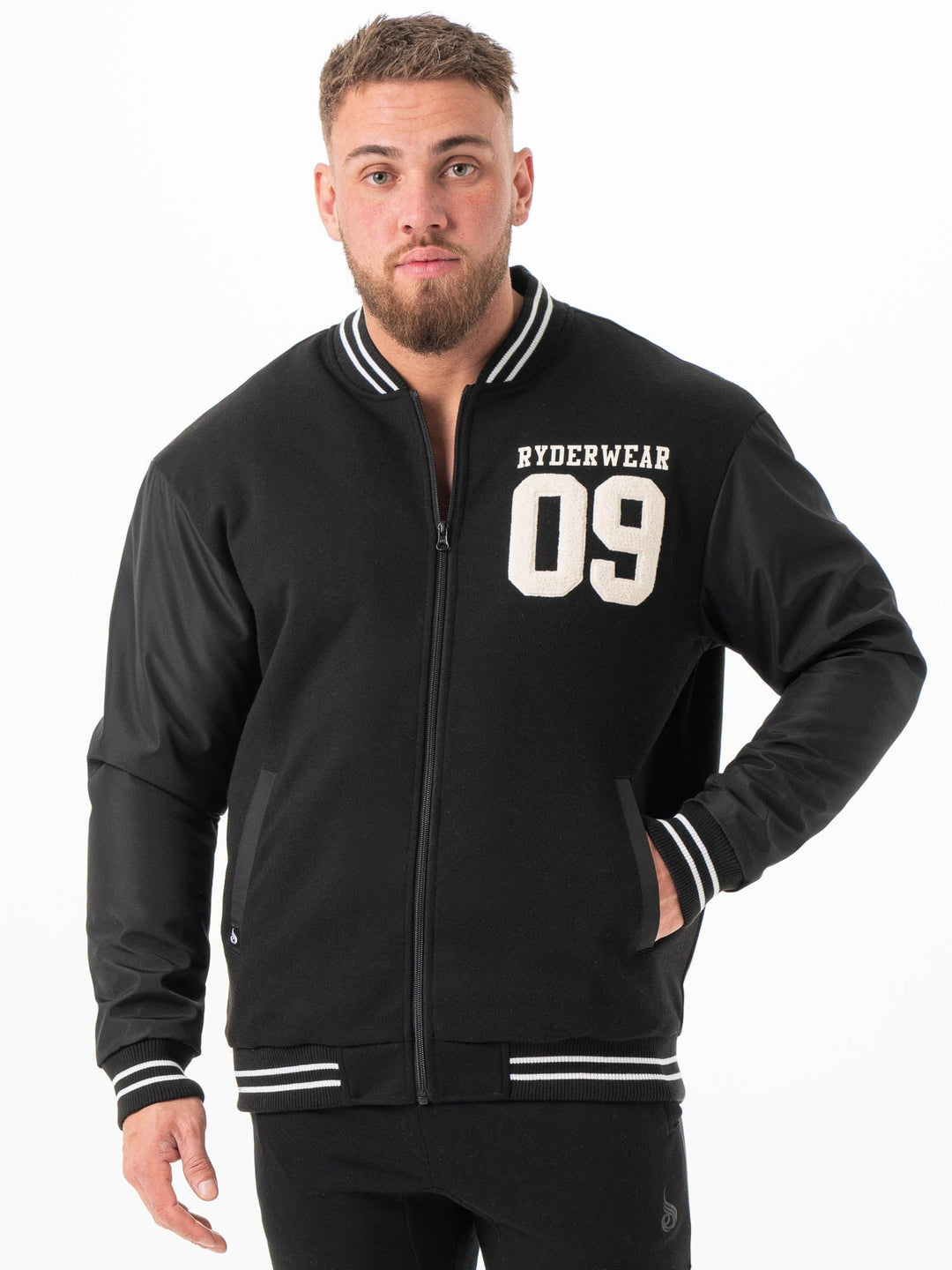 Varsity Bomber Jacket - Black/Black Clothing Ryderwear