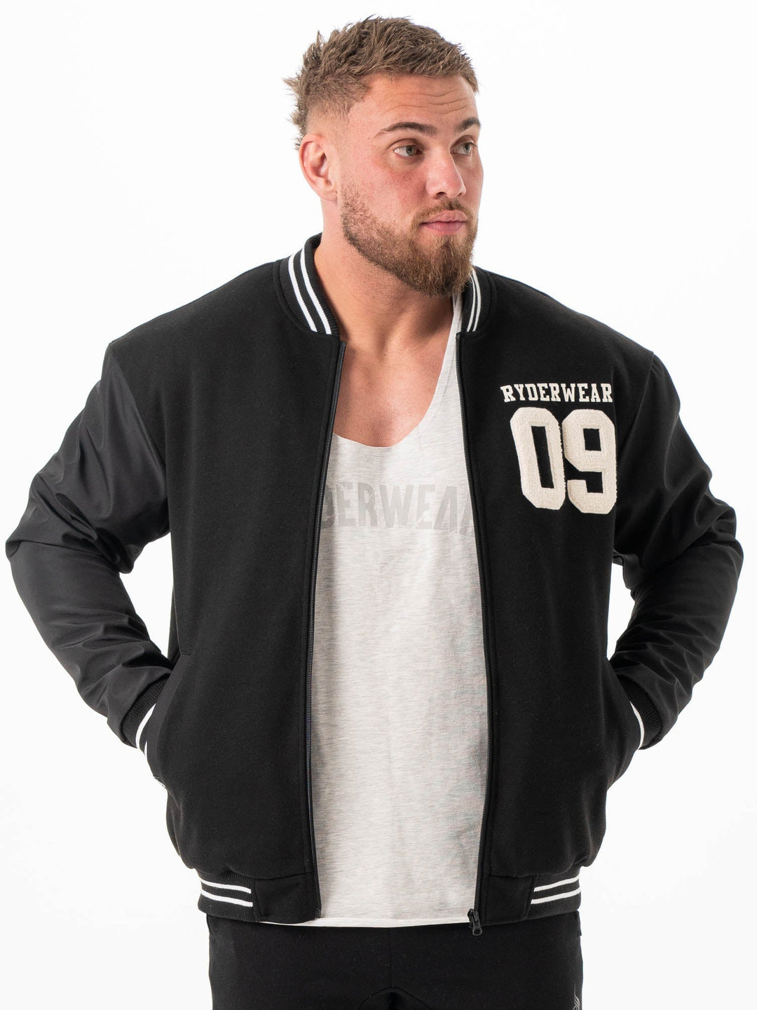 Varsity Bomber Jacket - Black/Black Clothing Ryderwear