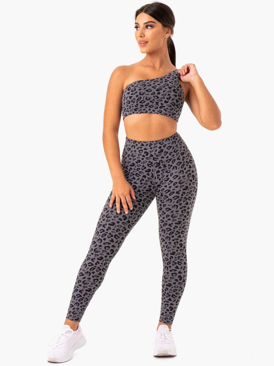 Adapt One Shoulder Sports Bra - Grey Leopard Clothing Ryderwear