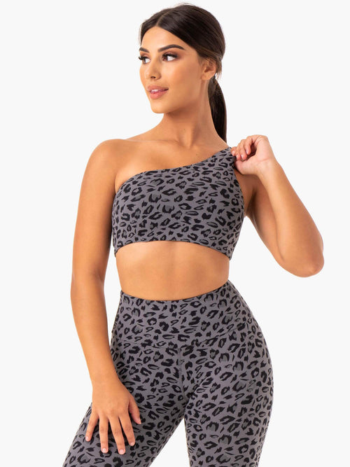 Adapt One Shoulder Sports Bra Grey Leopard