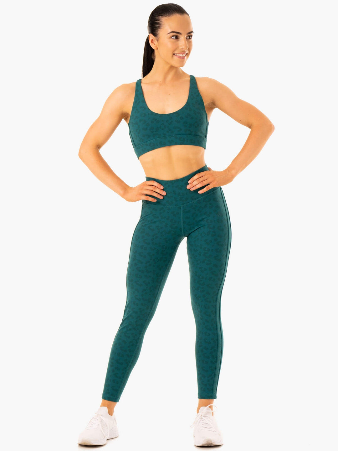 Evolution Sports Bra - Teal Leopard Clothing Ryderwear