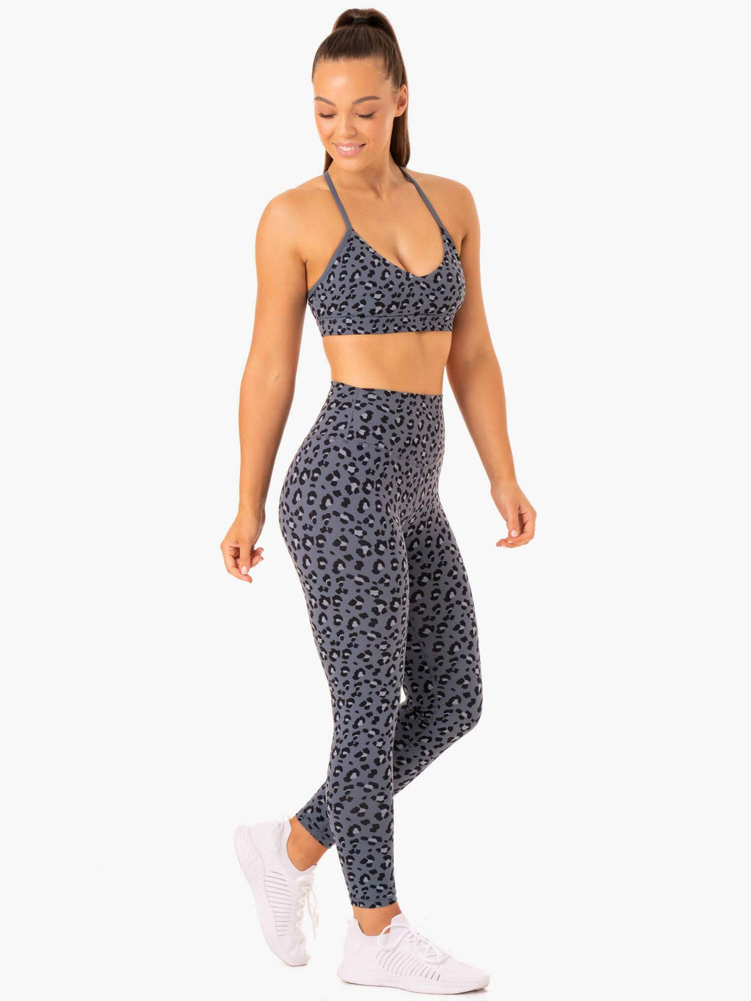 Hybrid Full Length Leggings - Steel Blue Leopard Clothing Ryderwear
