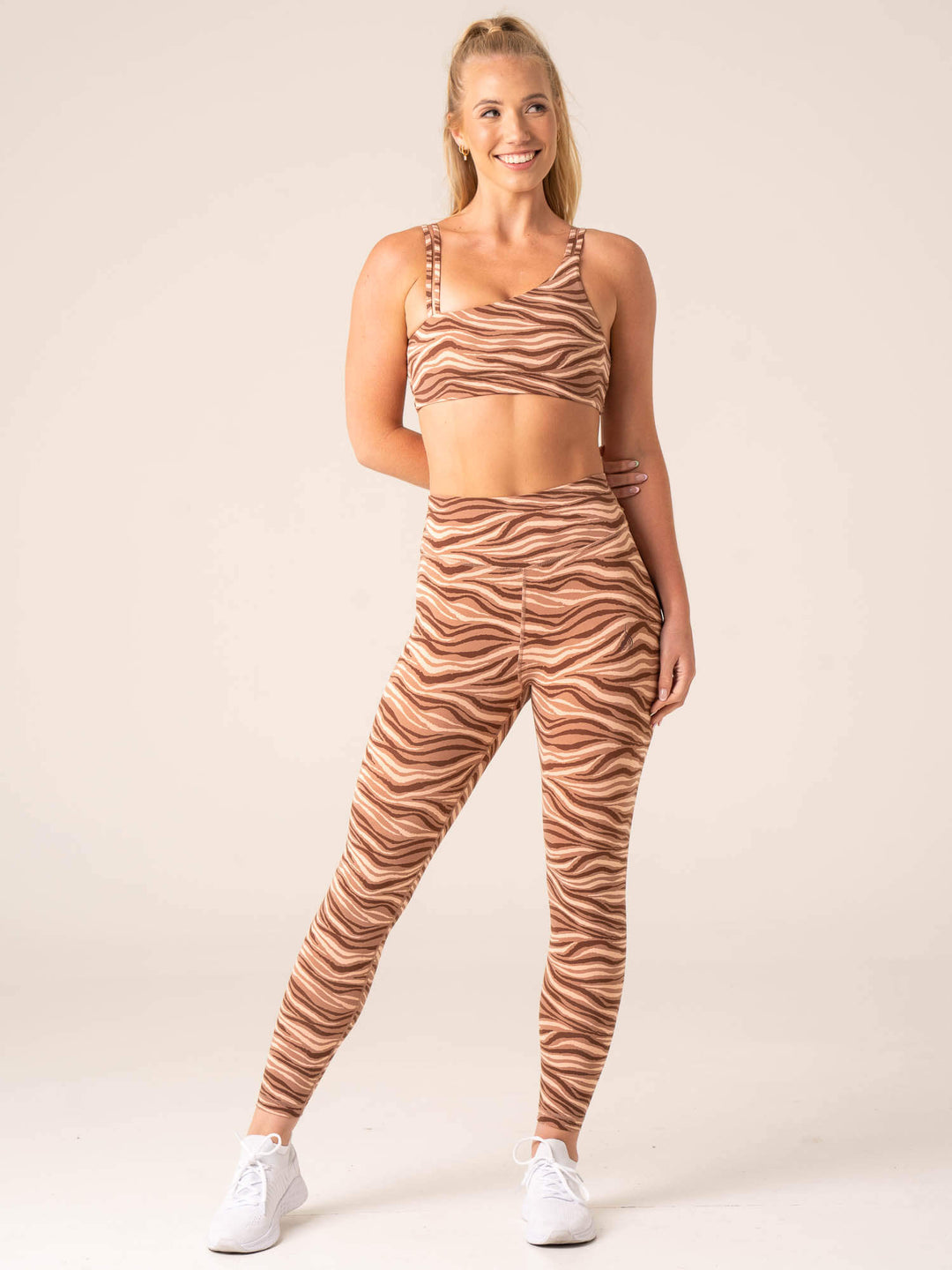 Unstoppable One Shoulder Sports Bra - Mocha Zebra Clothing Ryderwear