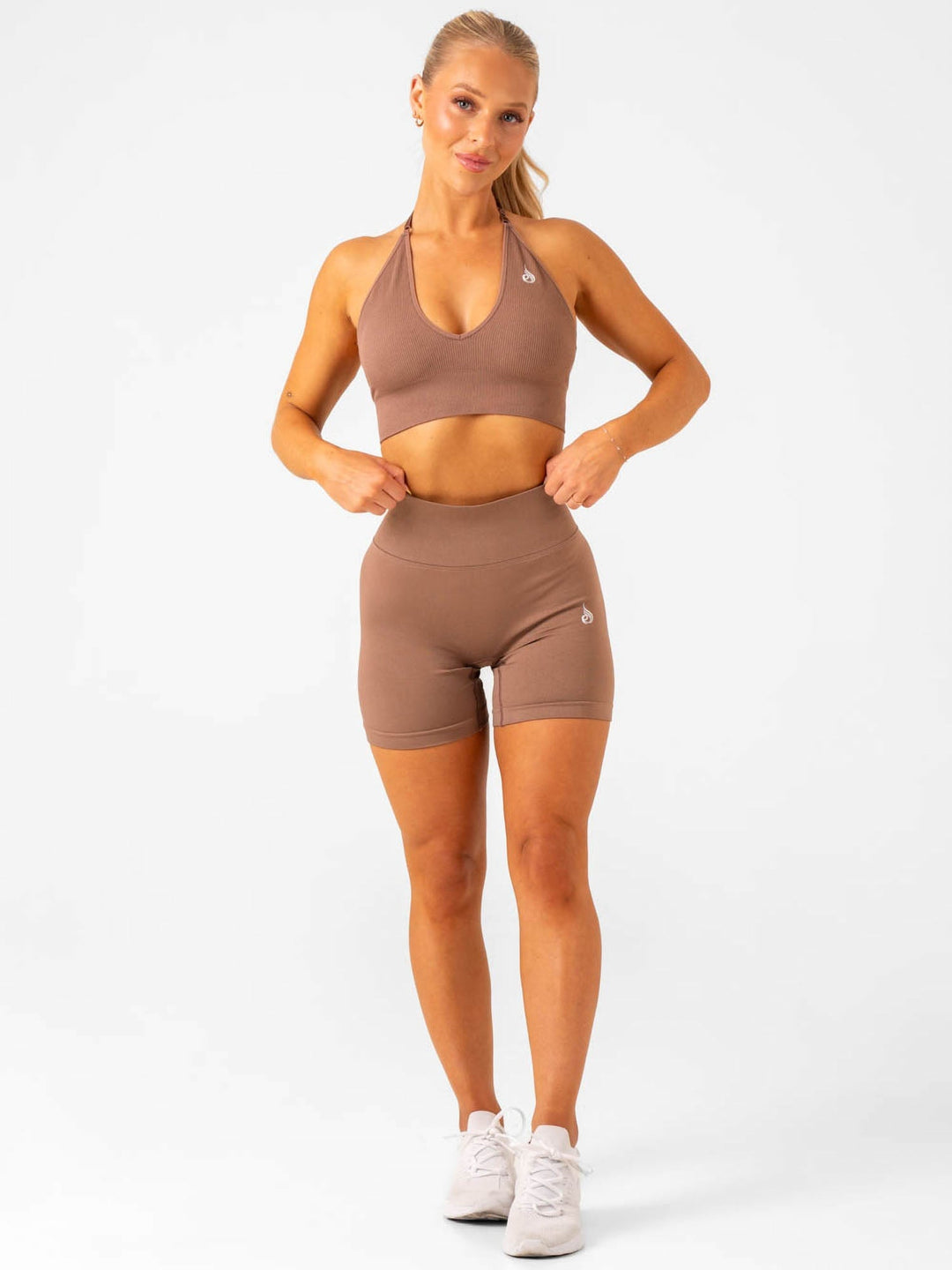 Lift Rib Seamless Halter Sports Bra - Almond Clothing Ryderwear 