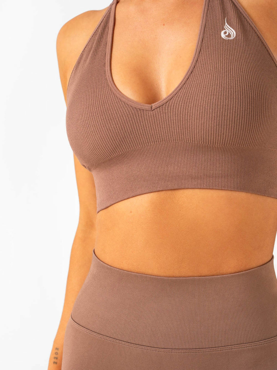 Lift Rib Seamless Halter Sports Bra - Almond Clothing Ryderwear 