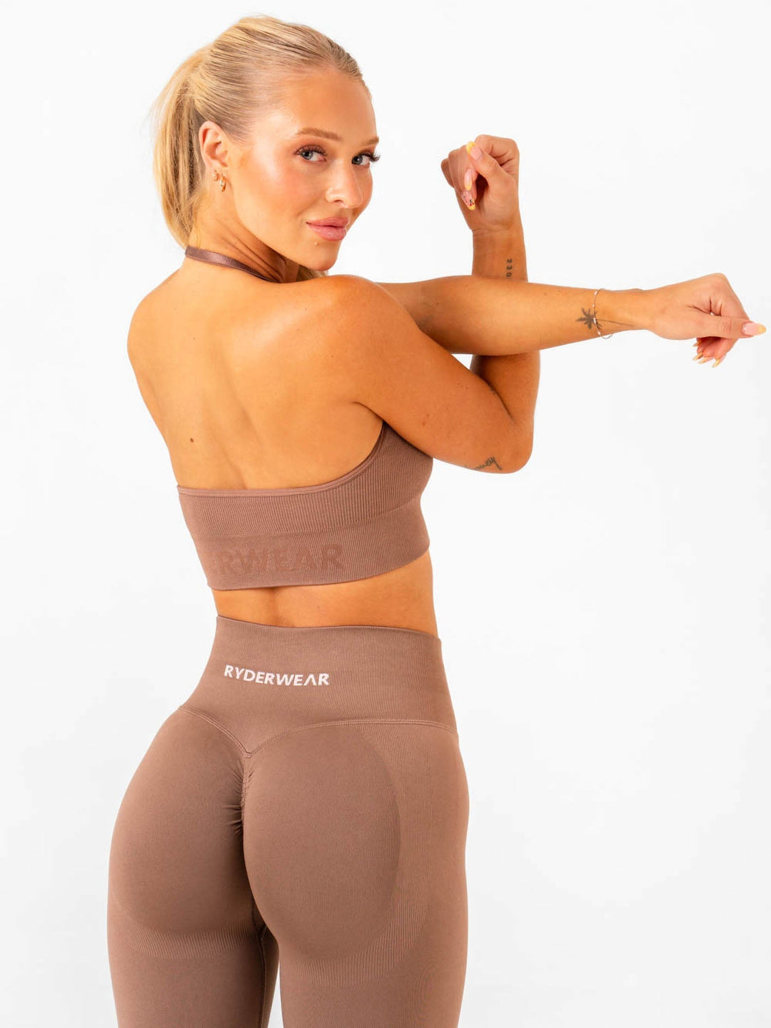 Lift Rib Seamless Halter Sports Bra - Almond Clothing Ryderwear 