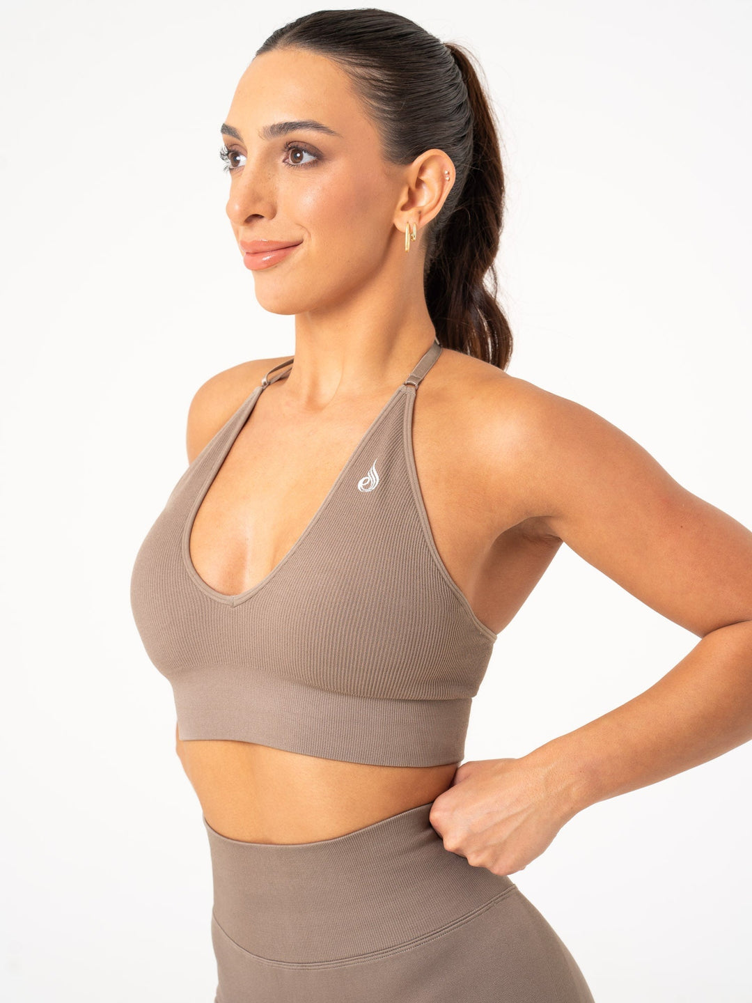 Lift Rib Seamless Halter Sports Bra - Taupe Clothing Ryderwear 