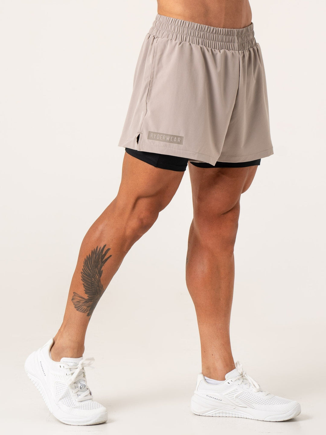 Pursuit 2 In 1 Training Shorts - Taupe Clothing Ryderwear