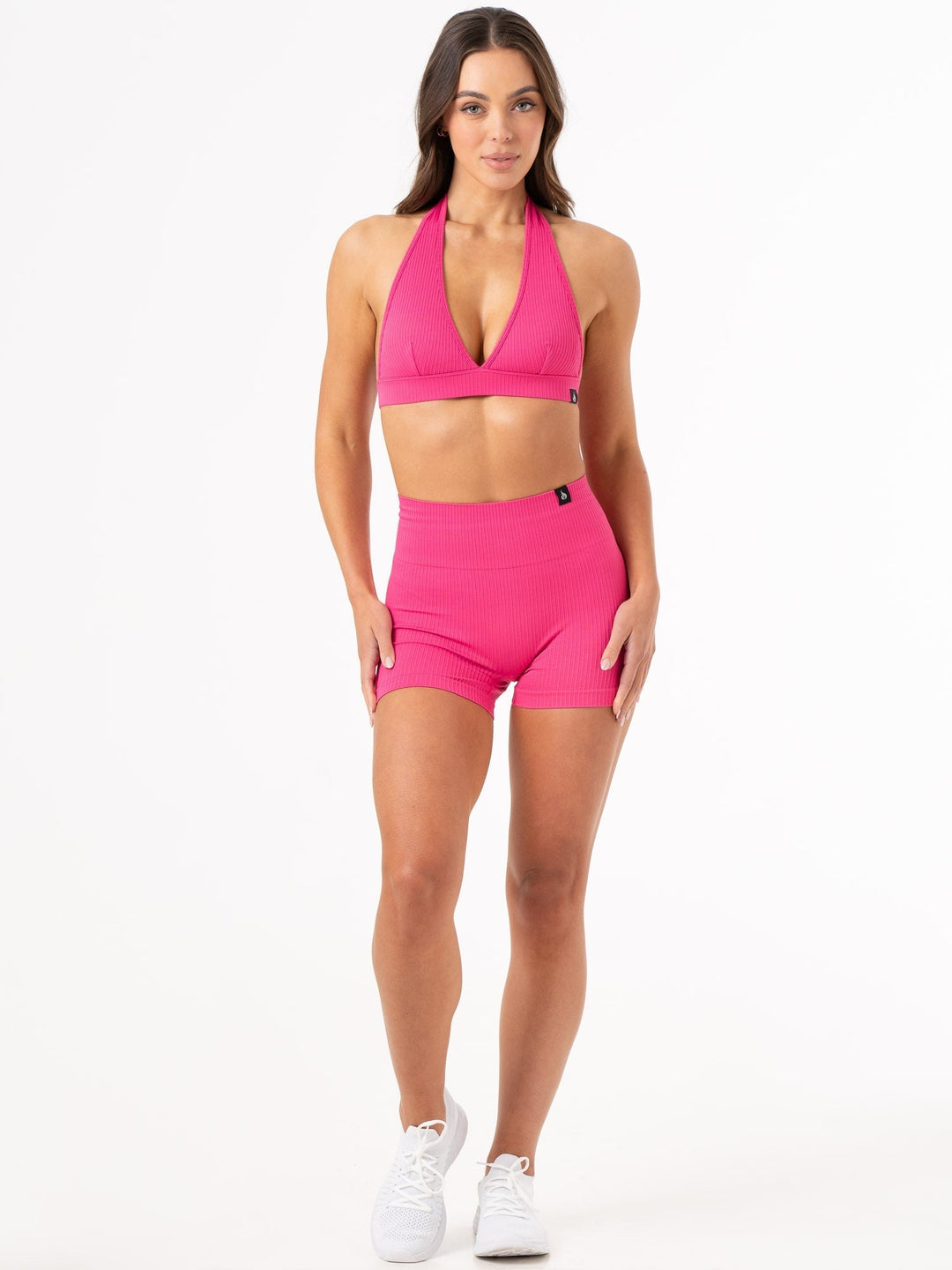 Rib Seamless Halter Sports Bra - Hot Pink Clothing Ryderwear 