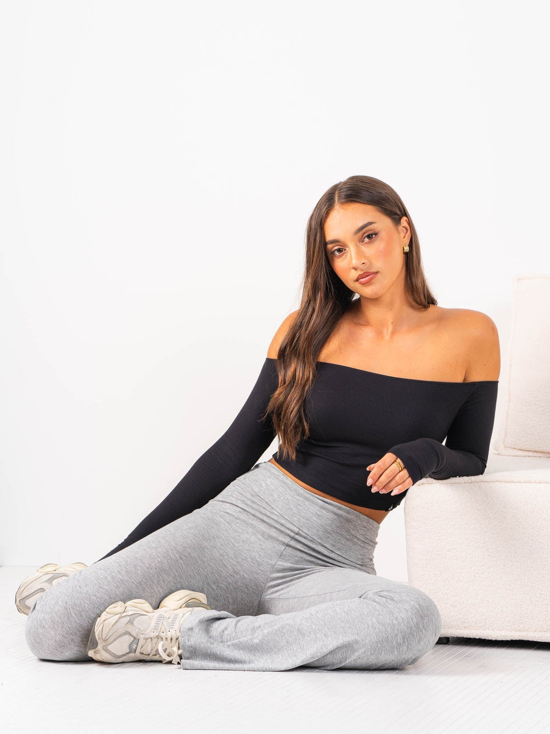 Ribbed Off Shoulder Long Sleeve Top - Black Clothing Ryderwear 