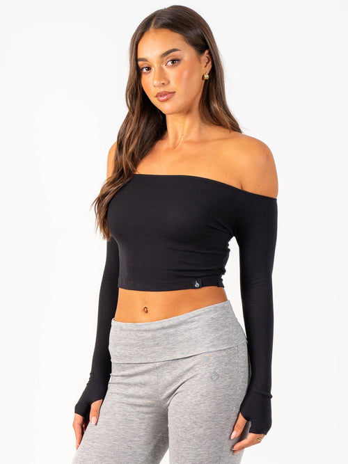 Ribbed Off Shoulder Long Sleeve Top Black
