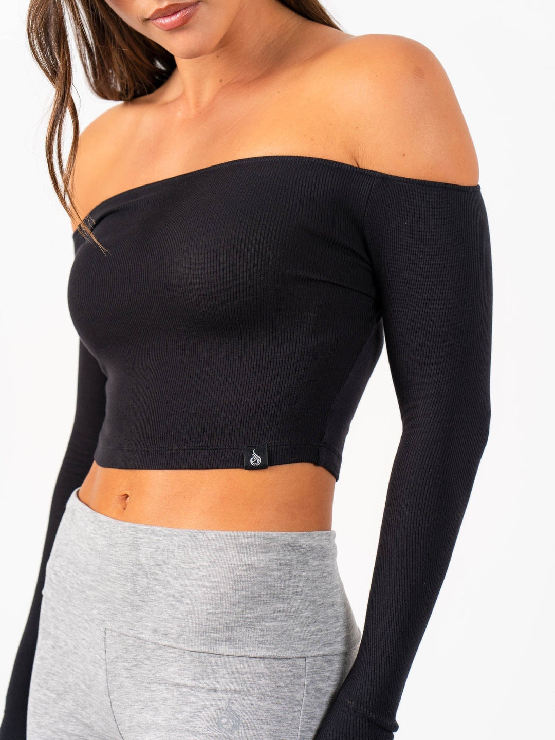 Ribbed Off Shoulder Long Sleeve Top - Black Clothing Ryderwear 