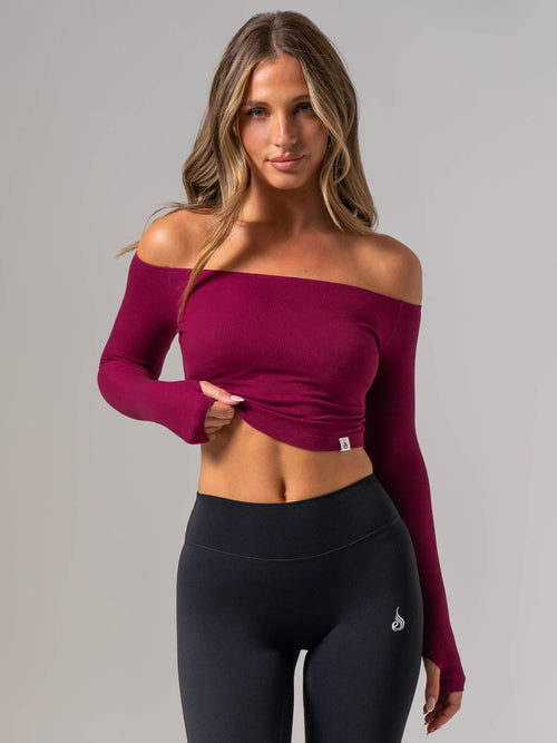 Ribbed Off Shoulder Long Sleeve Top Wine