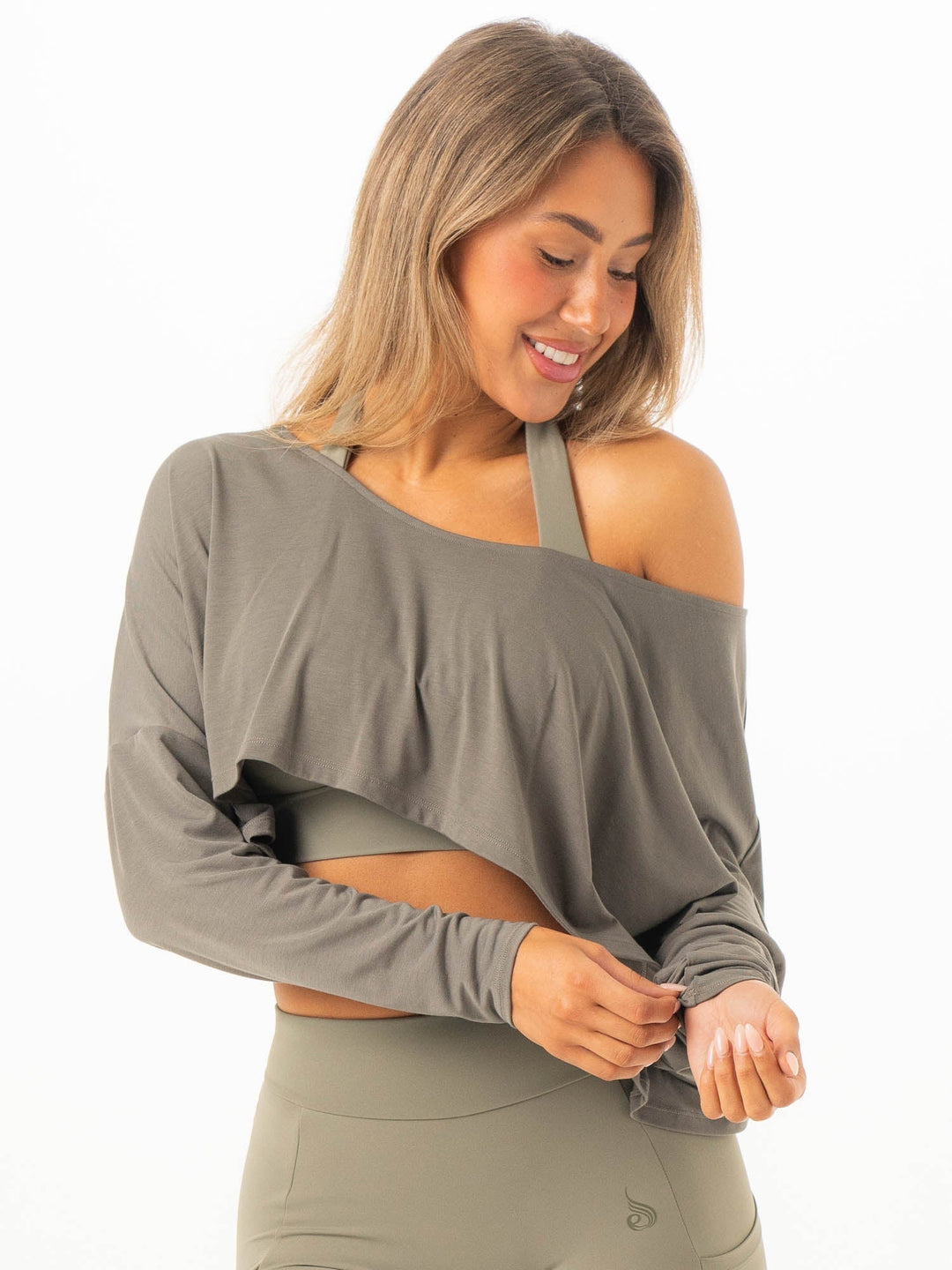 Slouchy Off Shoulder Top - Khaki Clothing Ryderwear 