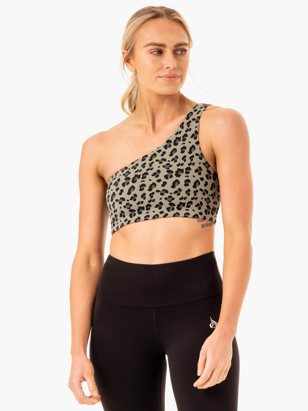 Adapt One Shoulder Sports Bra - Khaki Leopard Clothing Ryderwear 