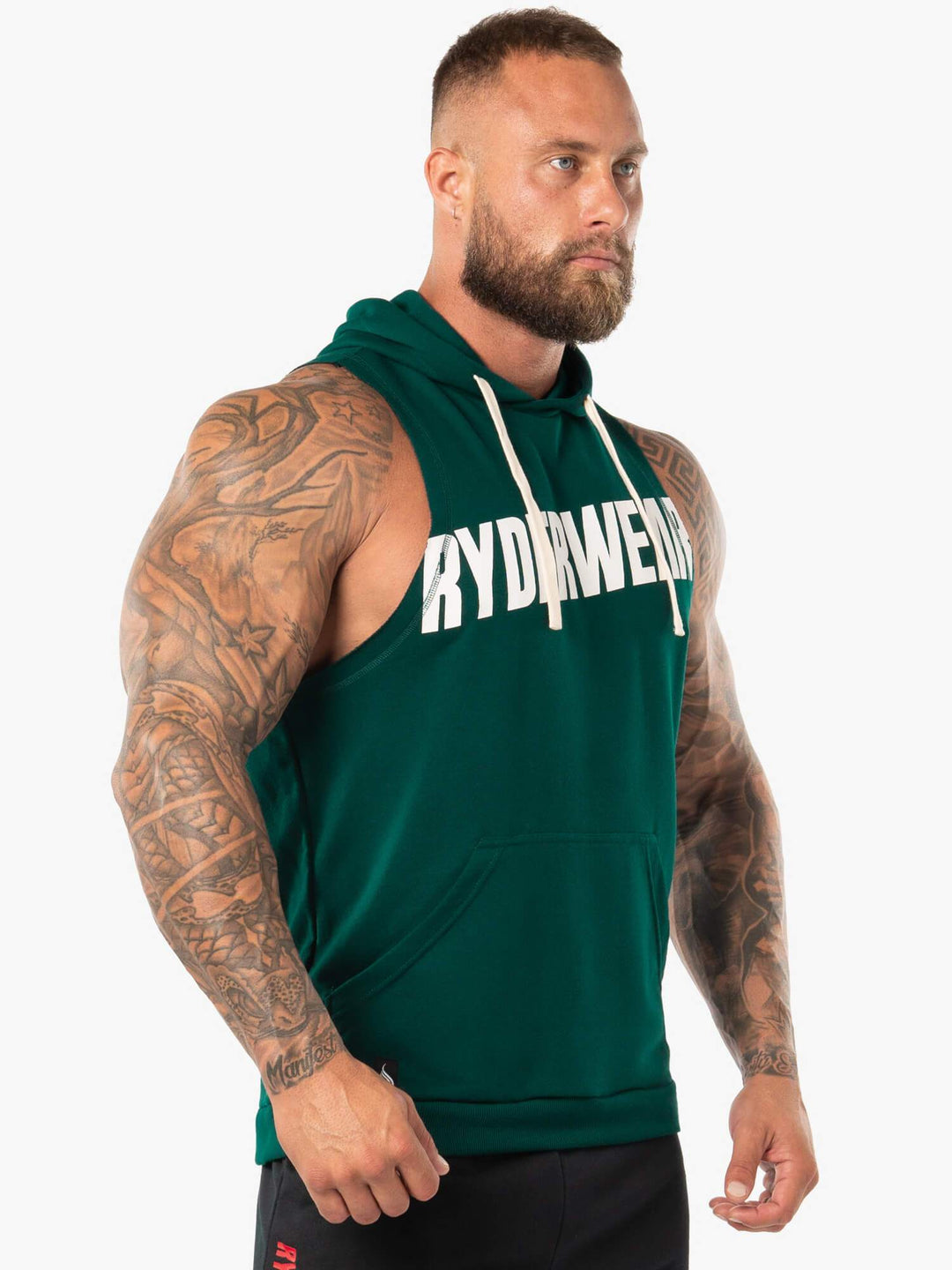 Block Sleeveless Hoodie - Forest Green/White Clothing Ryderwear 