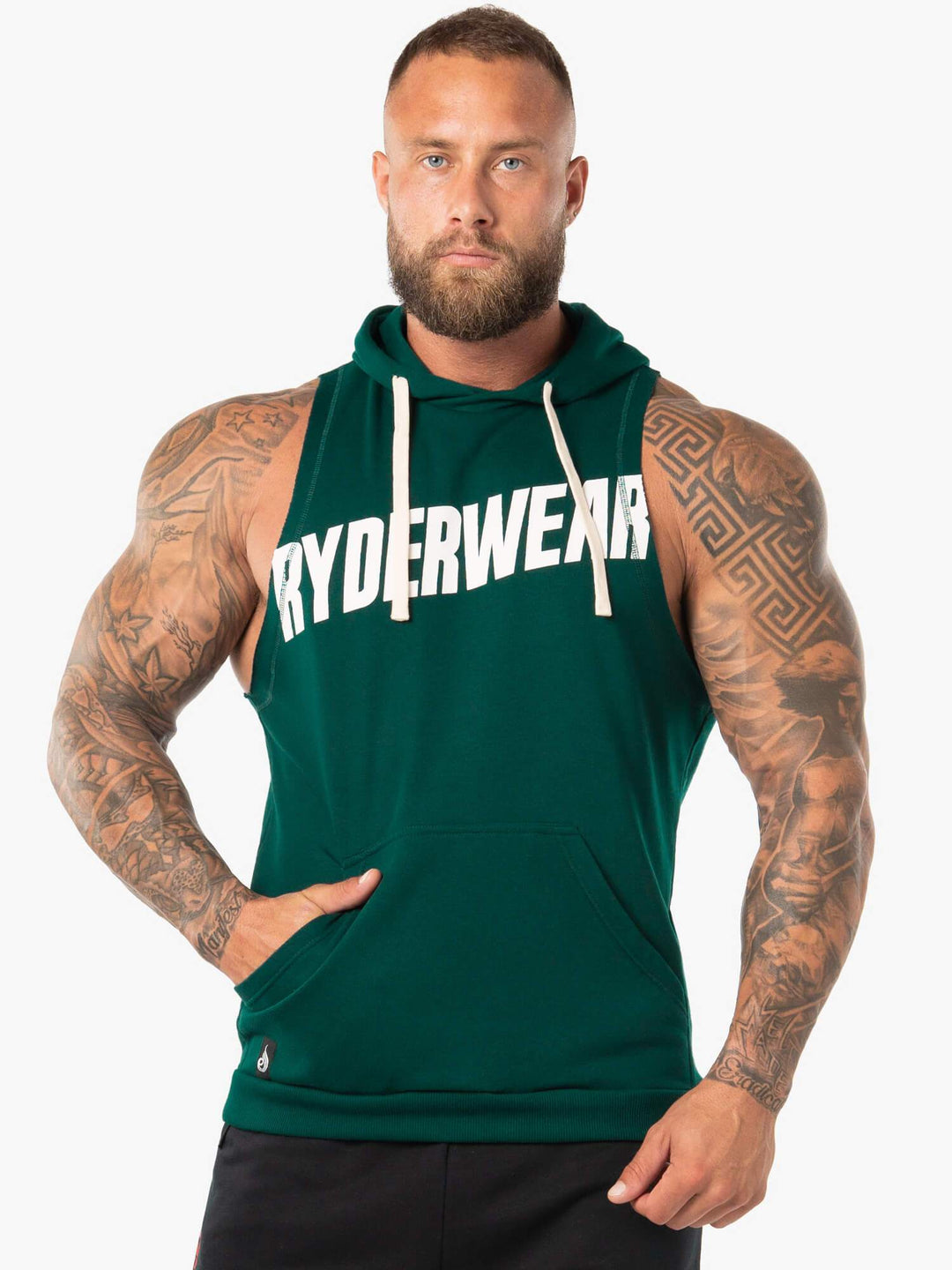 Block Sleeveless Hoodie - Forest Green/White Clothing Ryderwear 