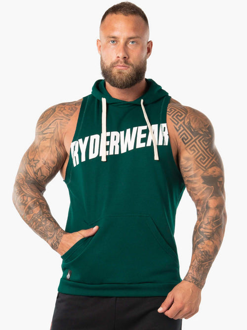 Block Sleeveless Hoodie Forest Green/White