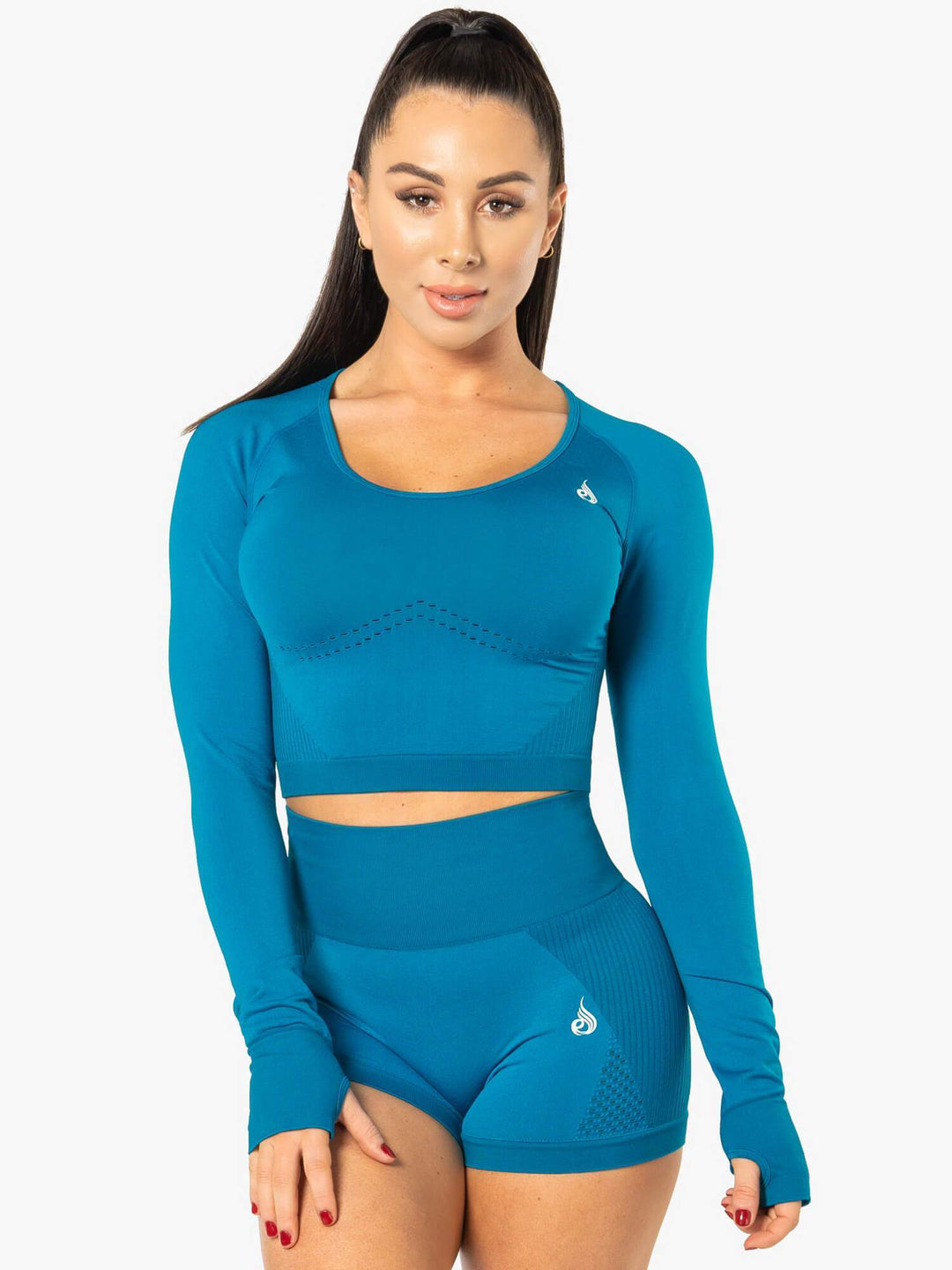 Electra Seamless Long Sleeve Crop Top - Electric Blue Clothing Ryderwear