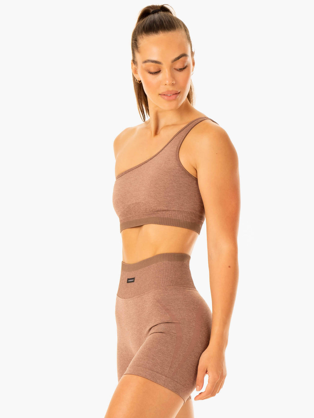 Excel Seamless One Shoulder Sports Bra - Mocha Marl Clothing Ryderwear
