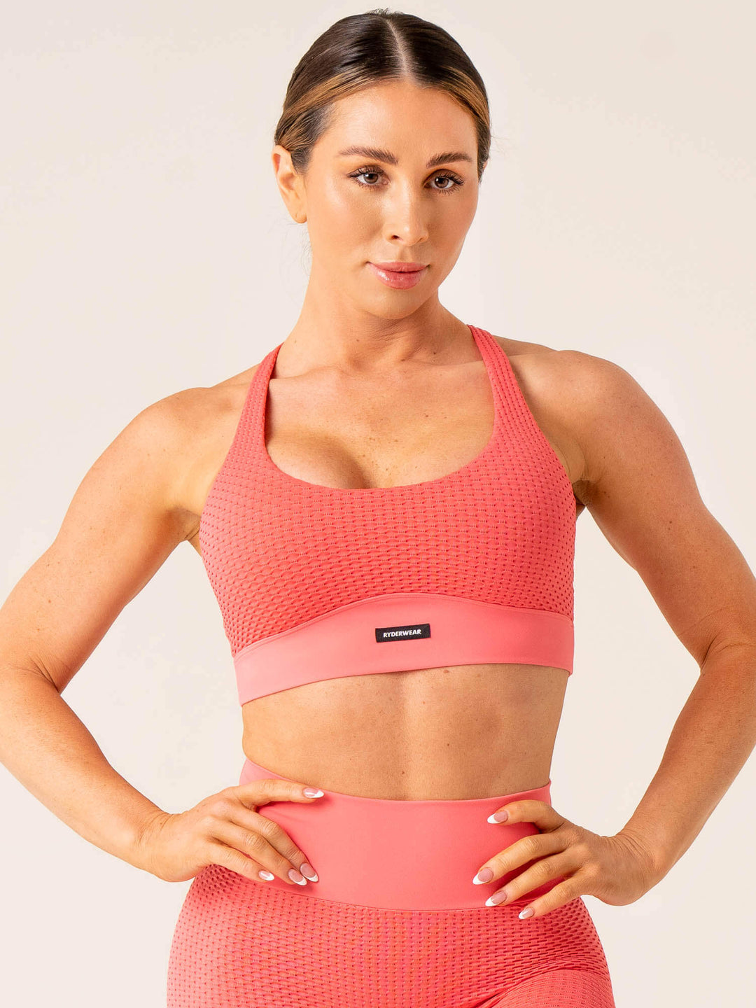 Honeycomb Seamless Sports Bra - Coral Pink Clothing Ryderwear 