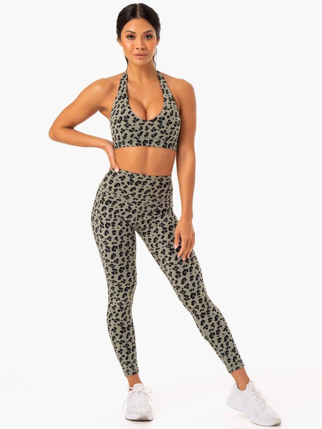 Hybrid Full Length Leggings - Khaki Leopard Clothing Ryderwear 