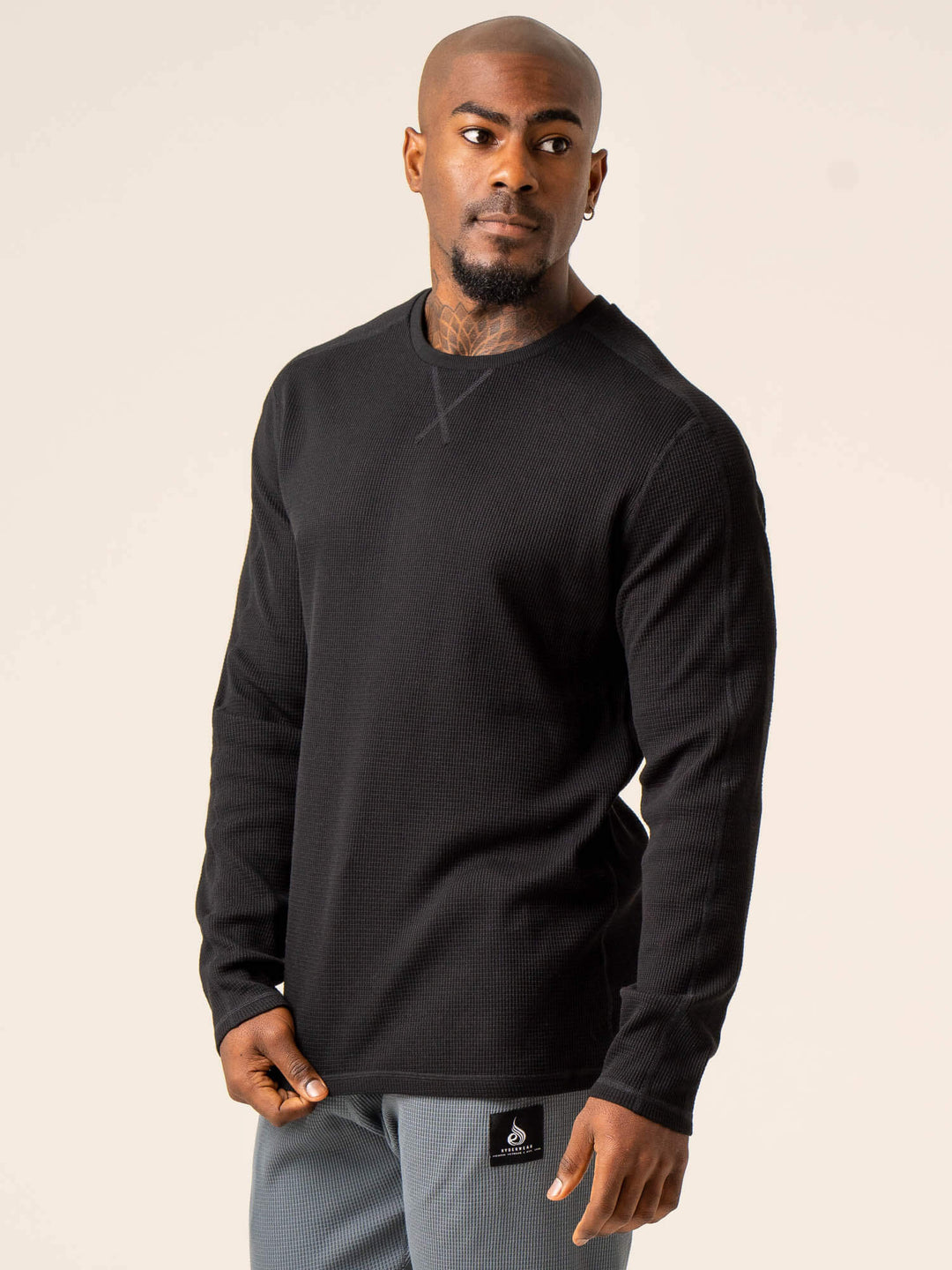Men's Waffle Lounge Crew Neck - Black Clothing Ryderwear 