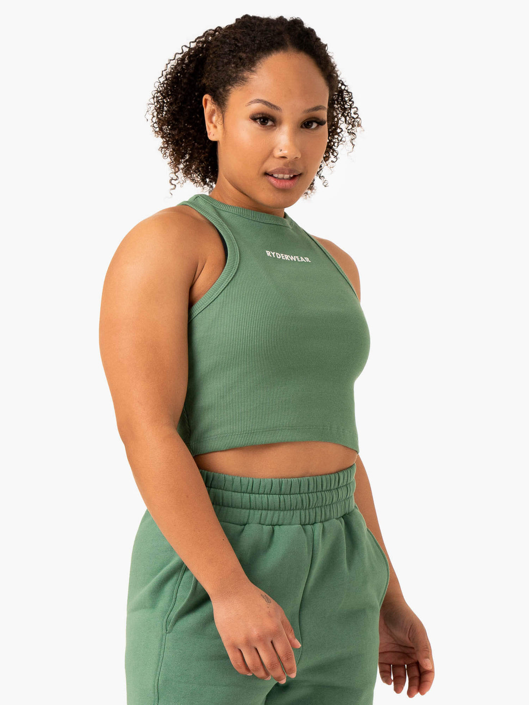 Sideline Rib Crop Tank - Forest Green Clothing Ryderwear 